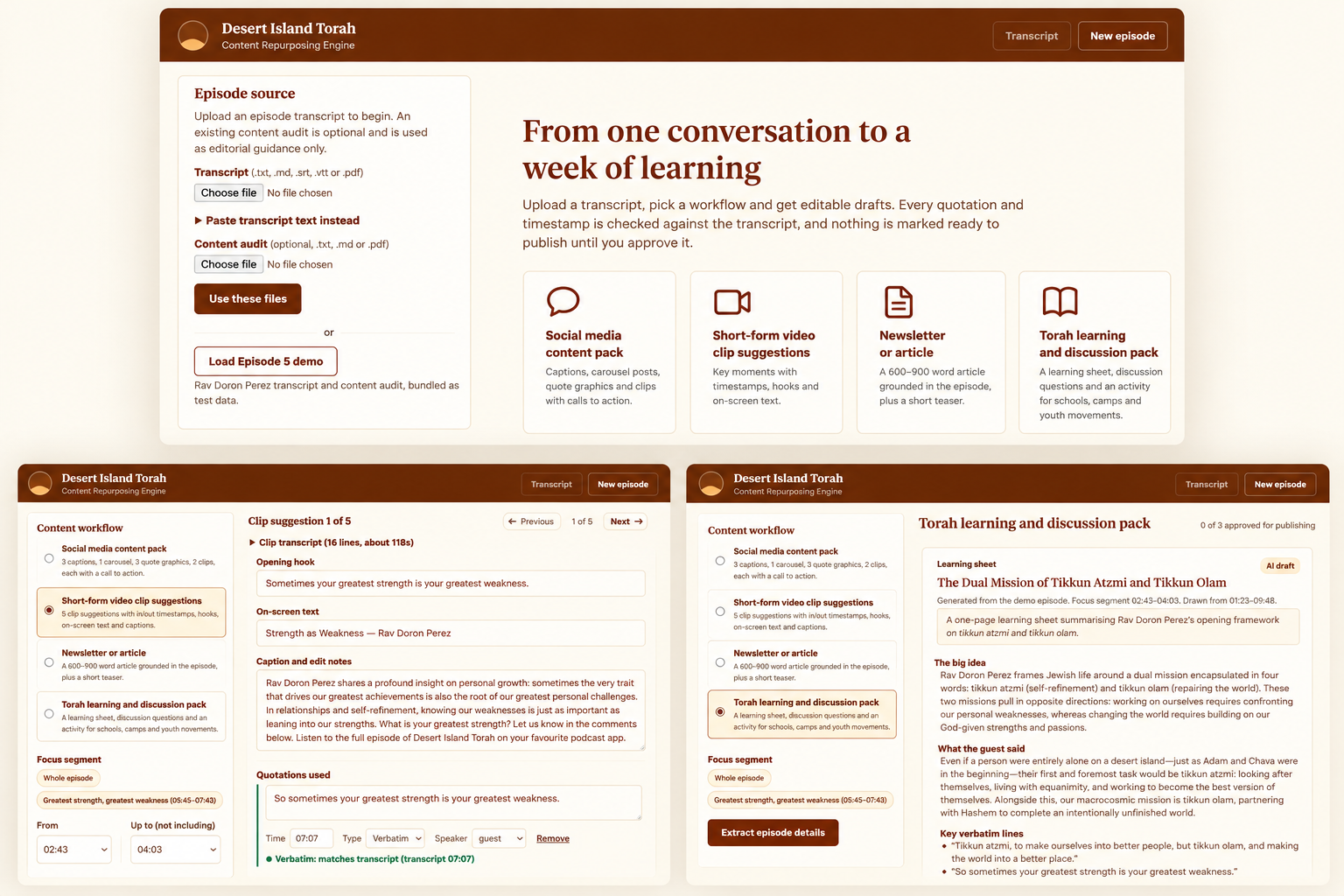Desert Island Torah content repurposing engine mockup