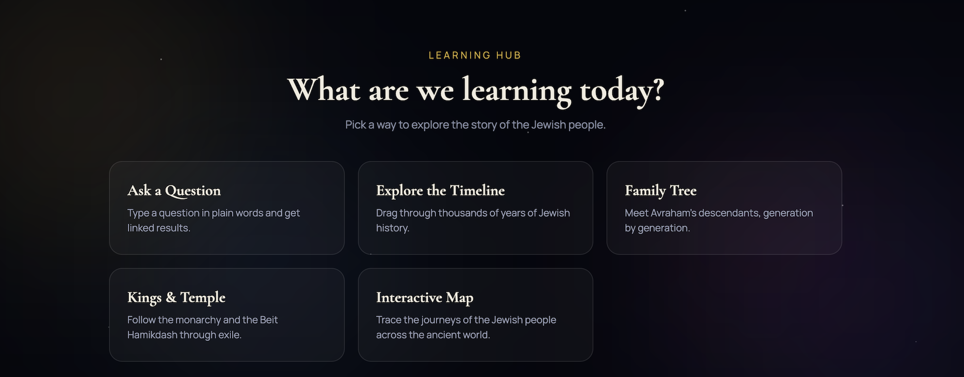 Learning hub with ways to explore the story of the Jewish people
