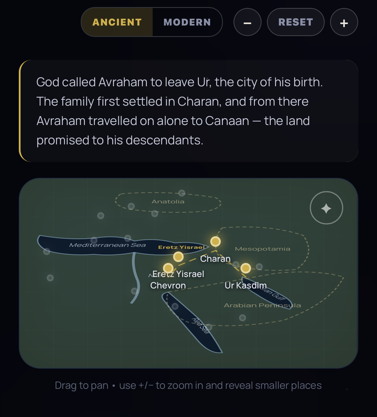 Interactive map tracing Avraham's journey
