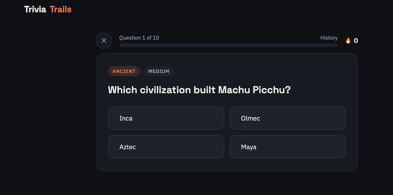 Trivia Trails quiz question in progress