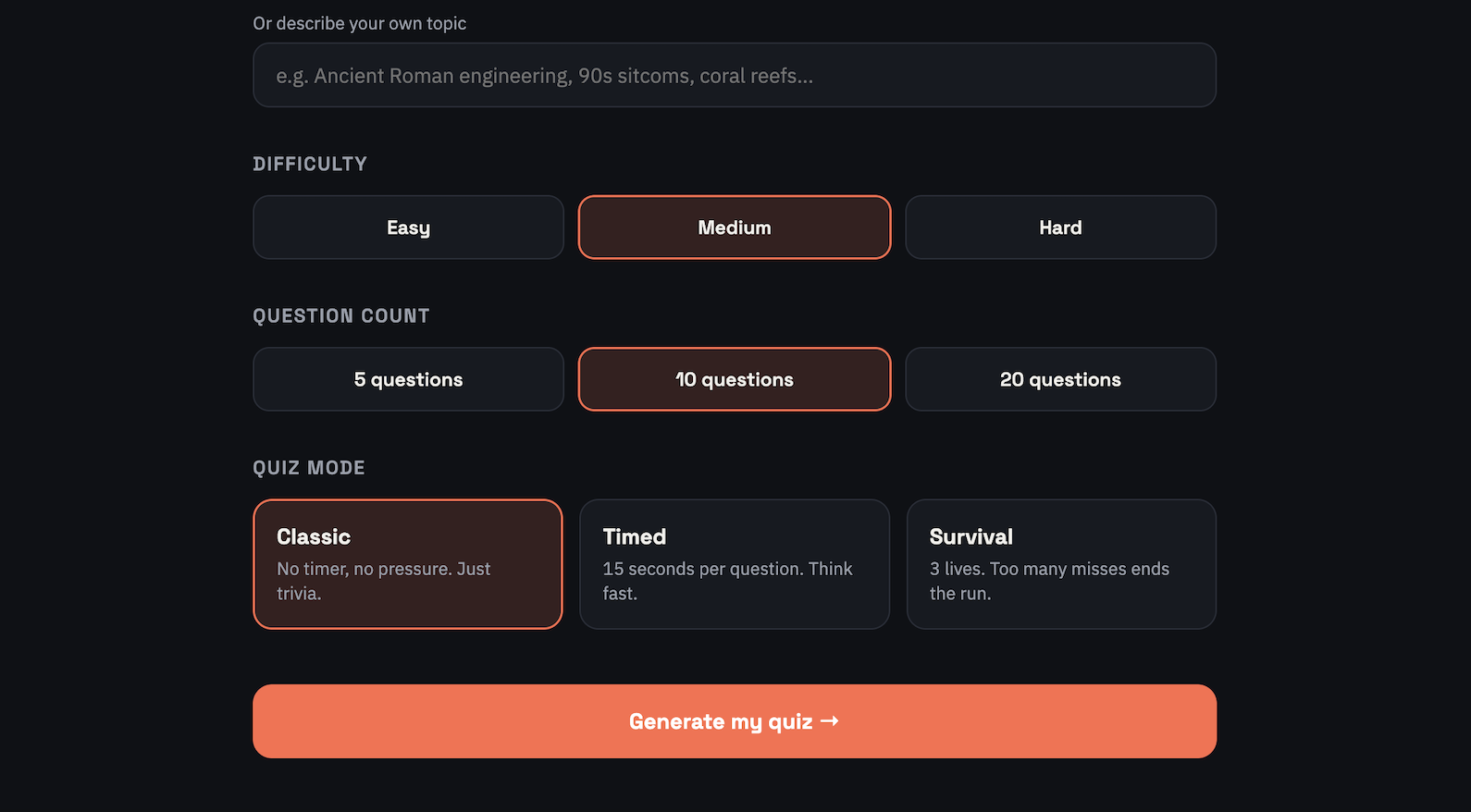 Trivia Trails difficulty, question count and quiz mode options