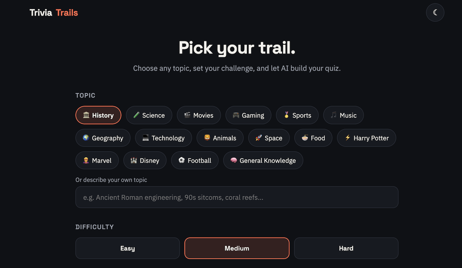 Trivia Trails topic selection