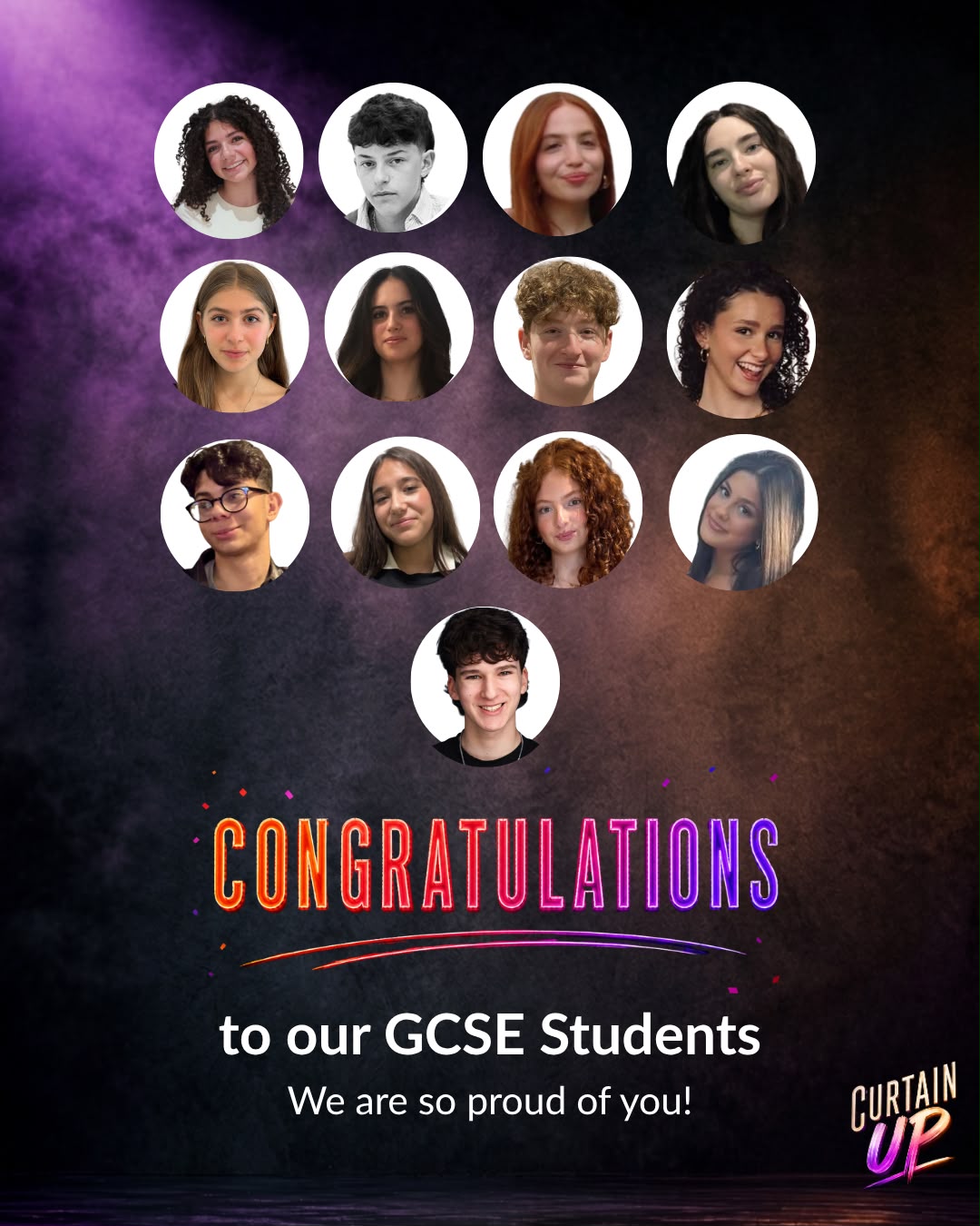 Curtain Up GCSE students congratulations post